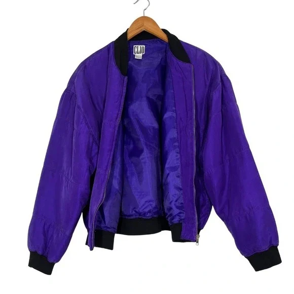 Vintage 80s CLIO‎ 100% Silk Purple Bomber Jacket Sz L Quilted Quiet Luxury Y2K - Picture 4 of 9